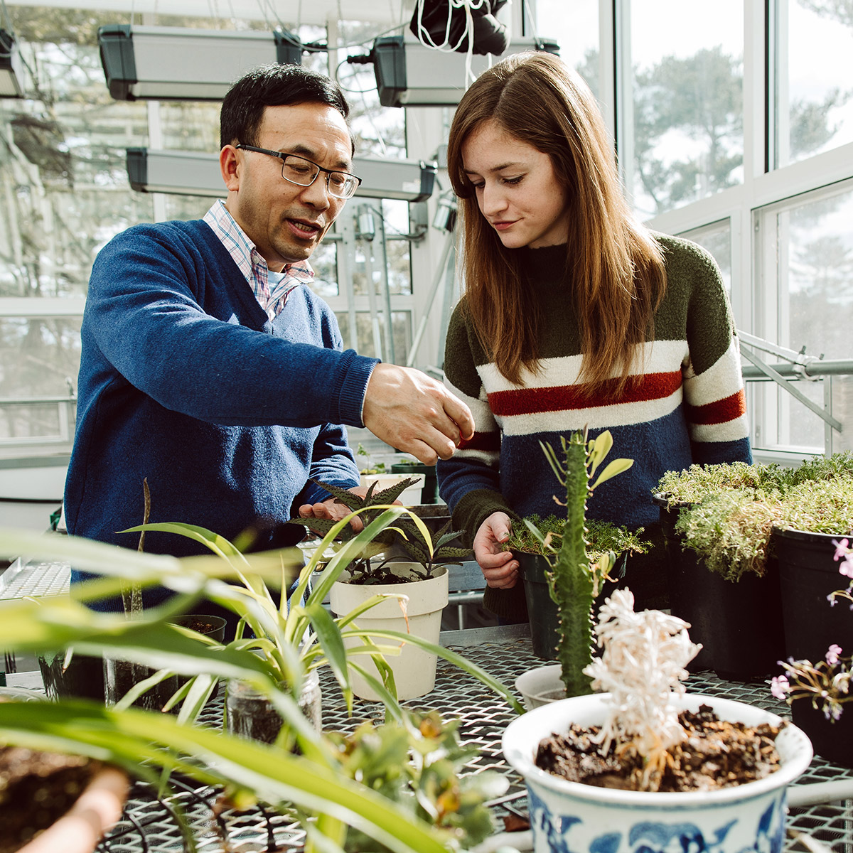 student and professor in greenhouse